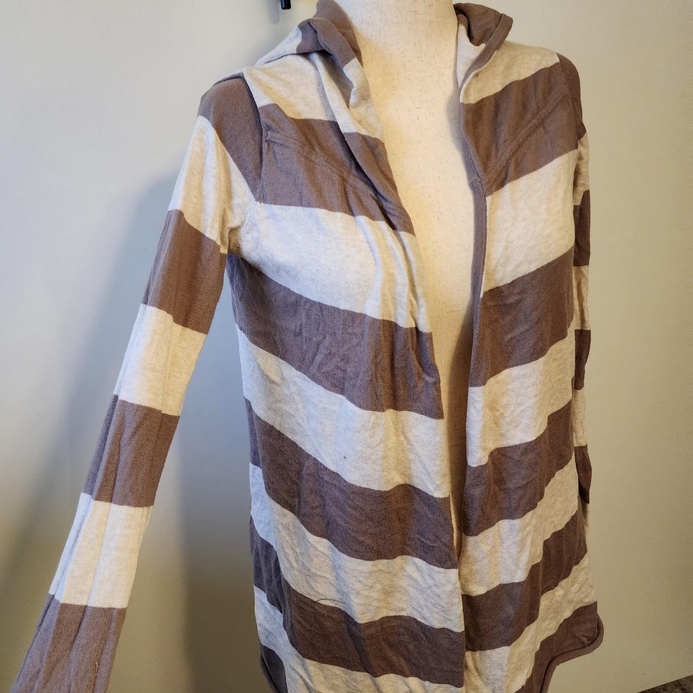 Striped Kensie hooded long sleeve open front cardigan neutral with pockets